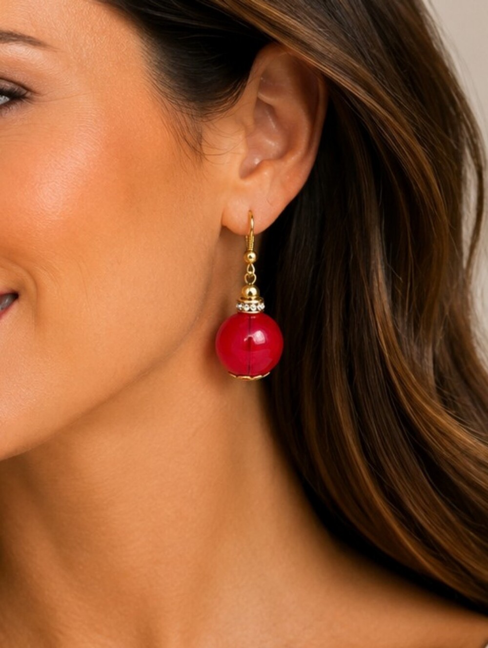 💎 Red Glass Bead Drop Earrings Gold Tone Rhinestone Dangle Hook Statement